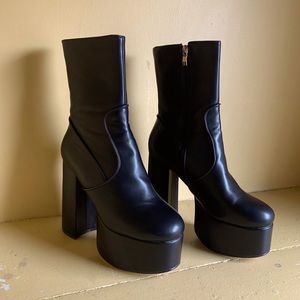 Black faux leather ankle platform boots
